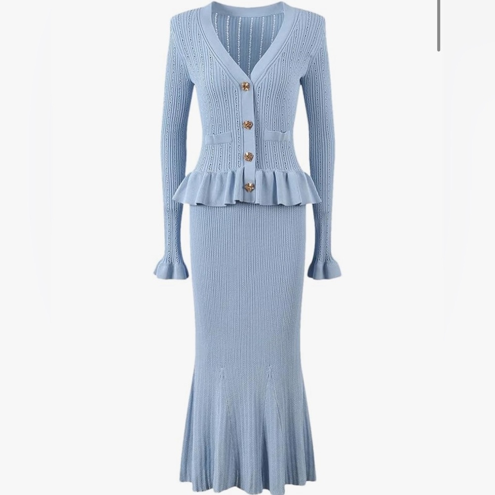 121. HIGH END Ruffled Knit Top and Flared Skirt Set in Blue - Picture 1 of 5